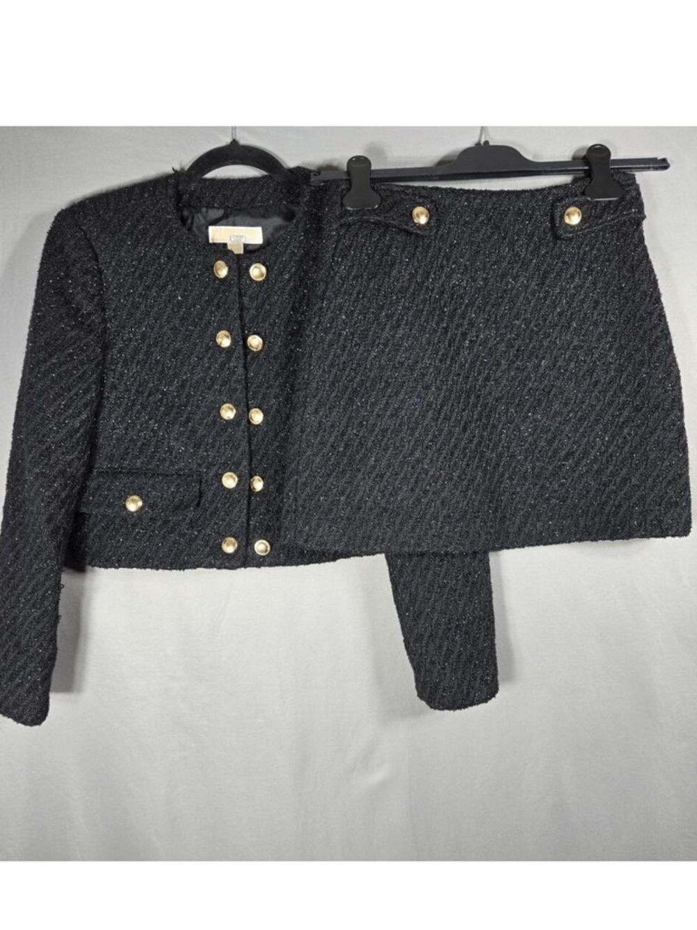 Michael Kors Black Tweed Skirt Suit Set 2 Gold Button Boucle Co-ord Quiet Luxury